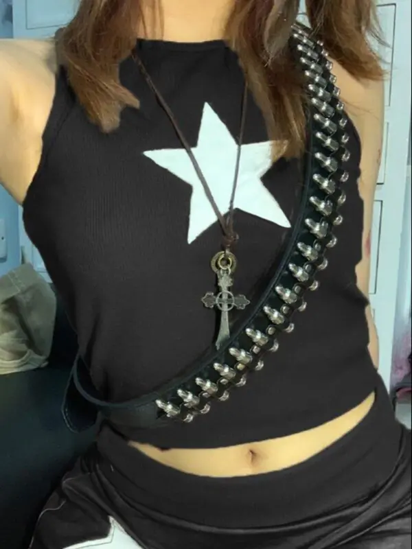 Women's Star Embroidery Round Neck Crop Tank Top, Summer Clothes Women, Casual Crew Neck Ribbed Top for Daily Holiday Wear, Lady's Clothing for Summer 6
