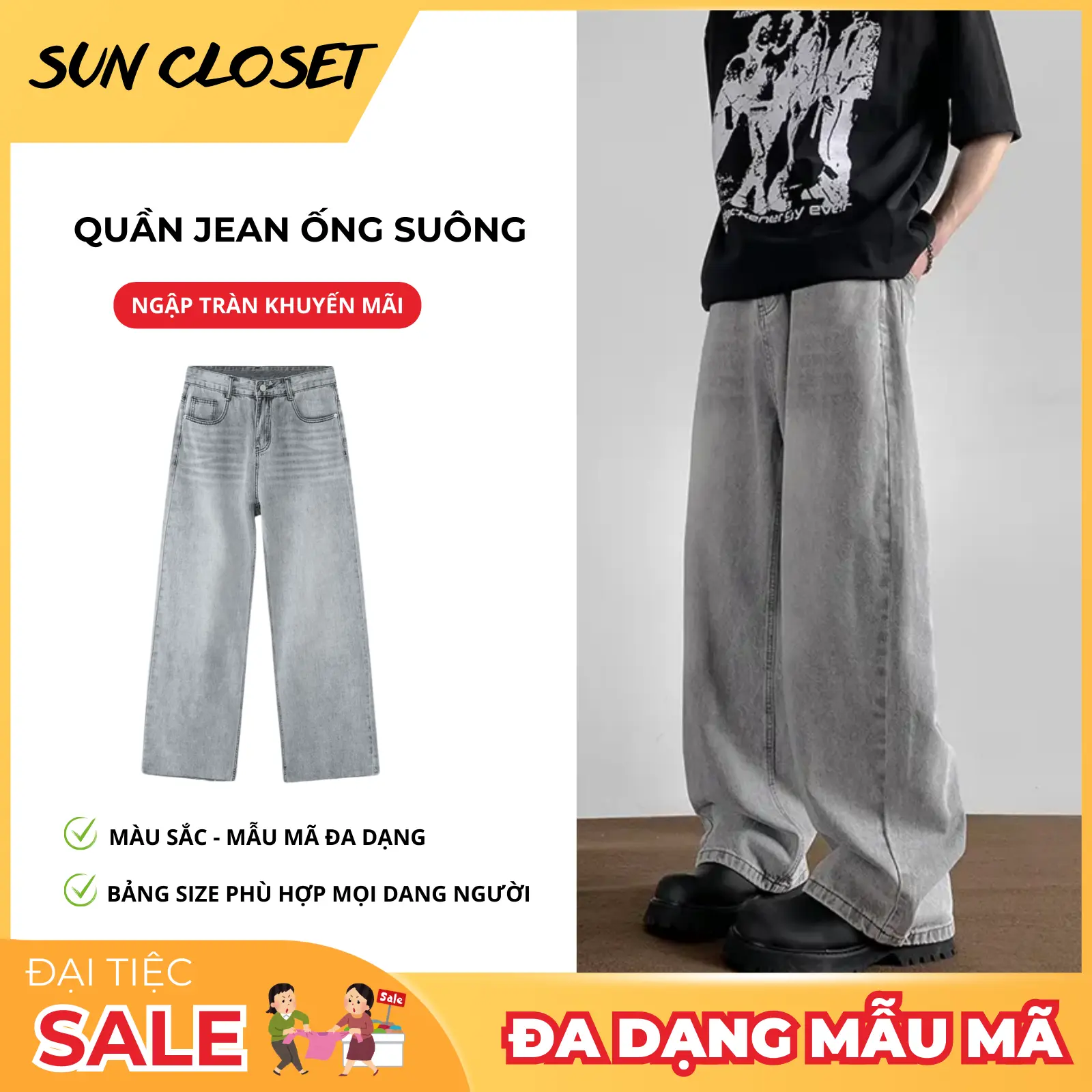 Quần jean wash dành cho nam nữ SUN CLOSET T9 MÀU WASH XÁM TRẮNG cạp thường đa dạng mẫu mã dễ phối đồ Menswear Pants Có Túi