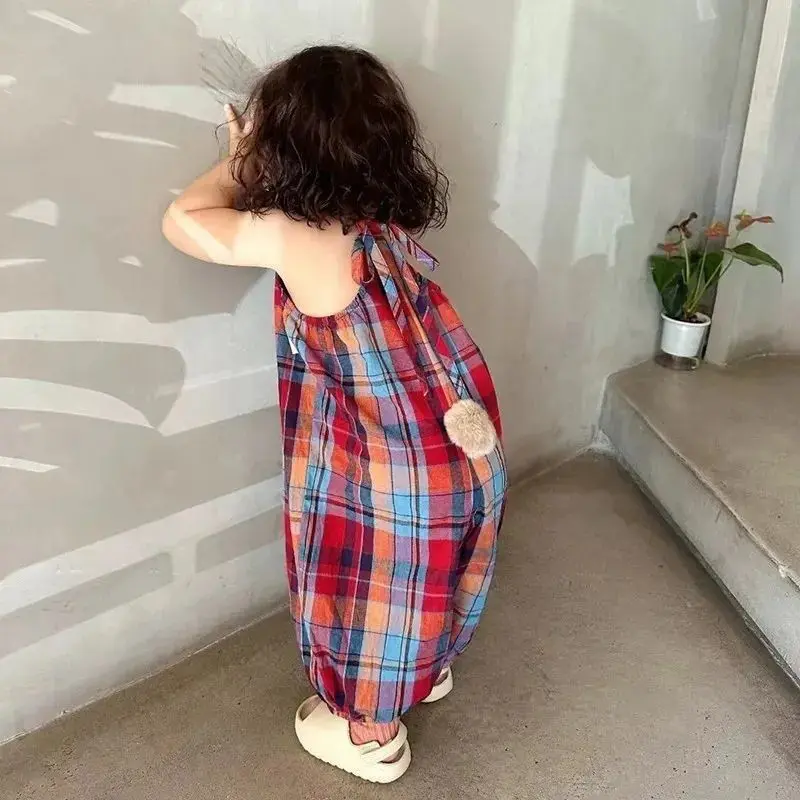 Áo Jumpsuit Quần Kẻ Sọc, Phong Cách Hàn Quốc, Cho Bé Gái, Hợp Xu hướng, Quần Áo Trẻ Em Mùa Hè, Thiết Kế Đuôi Thỏ Dễ Thương, Quần Yếm Bé Gái, Phong Cách Người Nổi Tiếng Trên Internet