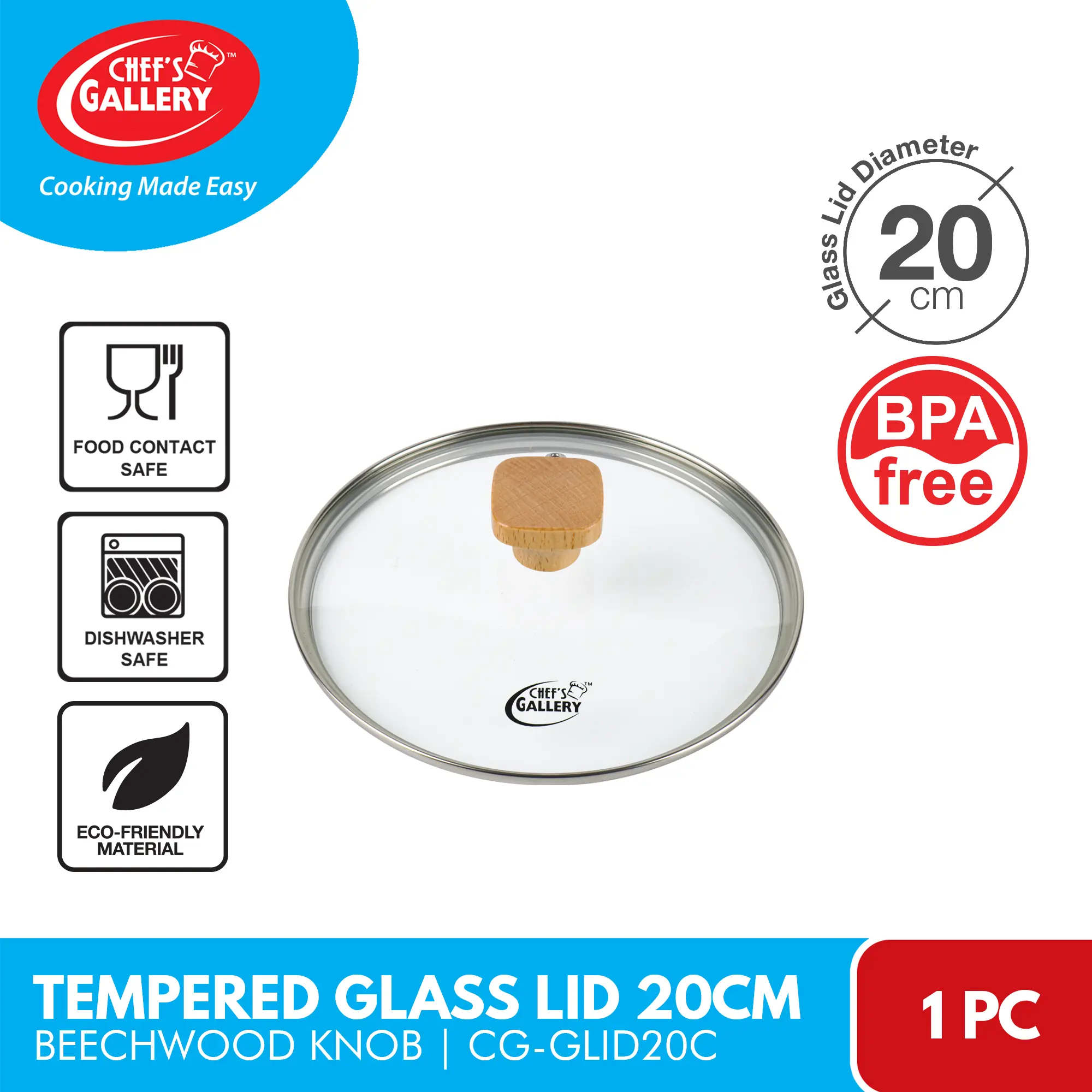 Chef's Gallery Tempered Glass Lid with Air Vent | Stainless Steel Rim with Beech Wood Knob