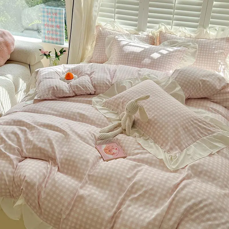Pink Gingham Pattern Bedding Set, 3 Counts/set Including 1 Count Duvet Cover & 2 Counts Pillowcase without Filler, Soft Comfortable Bedding Set for Home Bedroom, Machine Washable Duvet 2