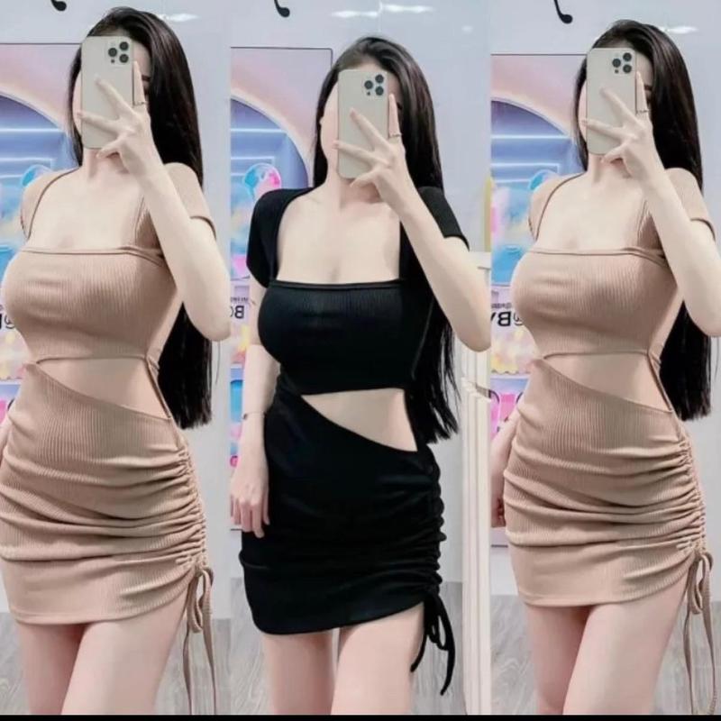 Đầm Tay Ngắn Cổ Vuông Khoét Eo Rút Dây 1 Bên - Dáng Ngắn Ôm Body -Tiểu Thư Bánh Bèo Cute Sang Chảnh Dạo Phố Đi Tiệc Nữ Dress bp80