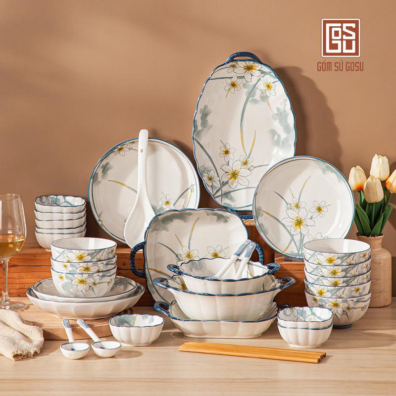  Bộ Bát Đĩa Hoa Thủy Tinh Viền Xanh Tráng Men Cao Cấp Sử Dụng Được Cho Lò Vi Sóng Máy Rửa Bát 