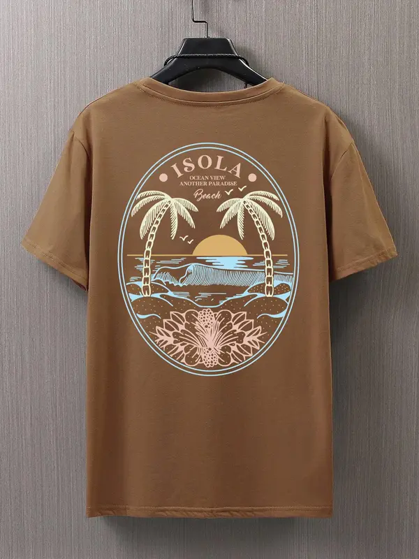 Unisex Regular Fit Landscape Print Round Neck Tee, Coconut Tree Print Crew Neck T-shirt for Unisex, Street Fashion Casual Comfy Knitting Top for Summer, Menswear 8