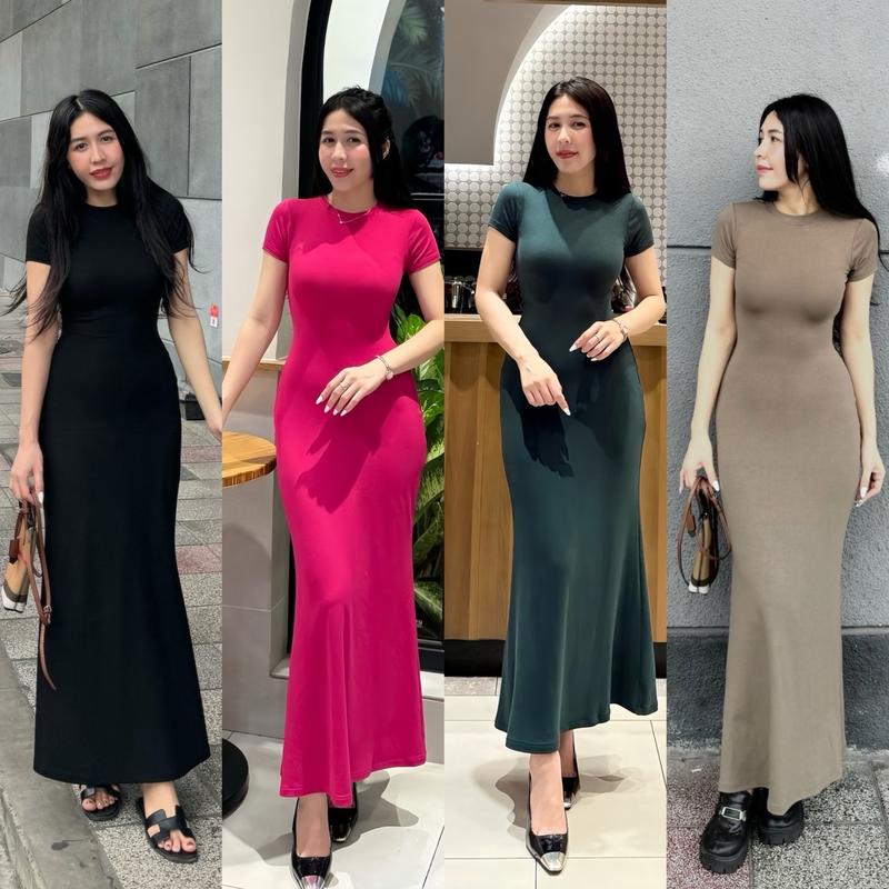 ĐẦM THUN BODY CỔ TRÒN BASIC DÁNG ĐUÔI CÁ LD03 Nữ Women Dress Cotton Voi váy  tiệc Xmas Nhung Đen