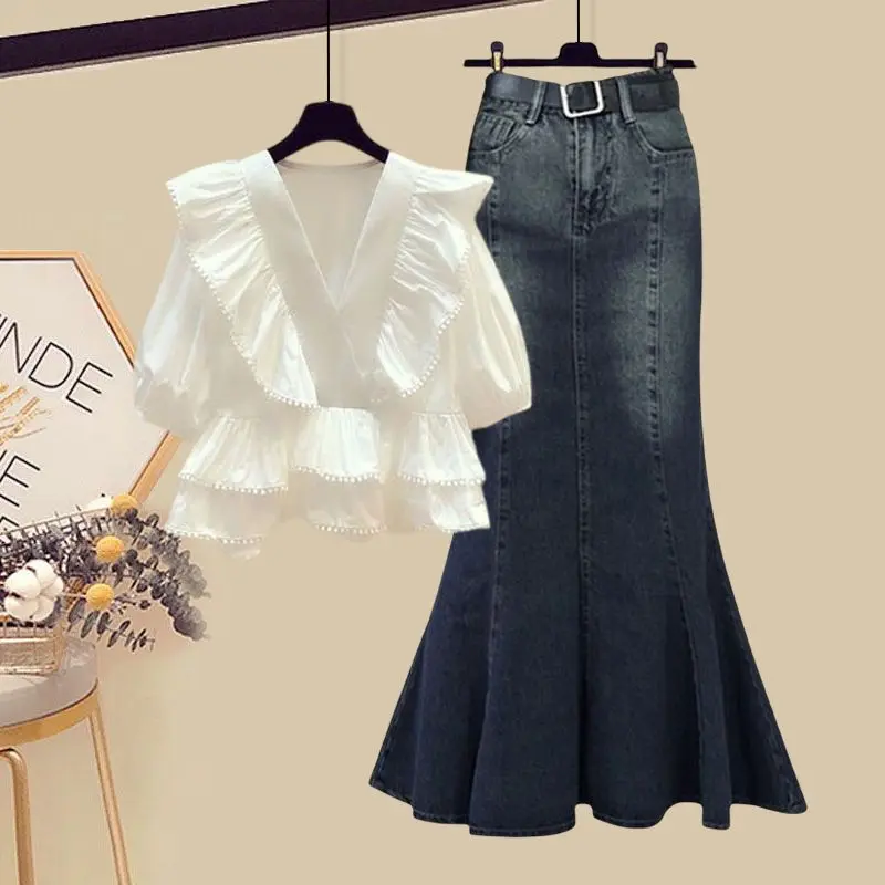 Bộ Đồ Mùa Hè Cho Nữ, Thiết Kế Phong Cách Pháp, Áo, Cạp Cao, Chân Váy Đuôi Cá, Bộ Hai Mảnh, Quần Áo Nữ Ngoại Cỡ Mới, 2024
