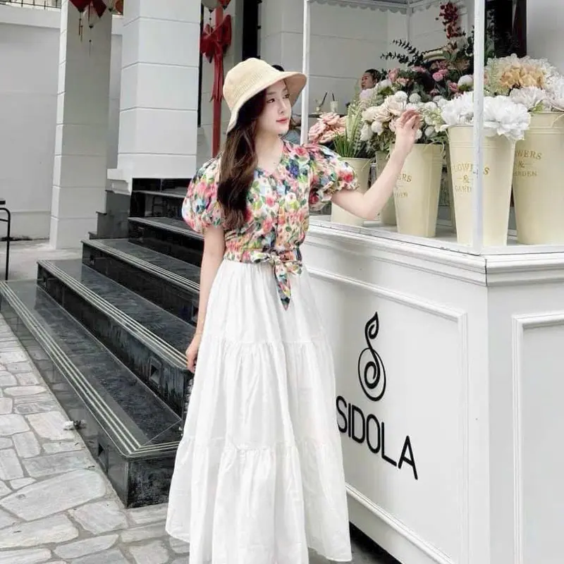 [MỞ BÁN] Set áo somi hoa tay bồng kèm Chân váy thô mềm 3 tầng xinh xắn