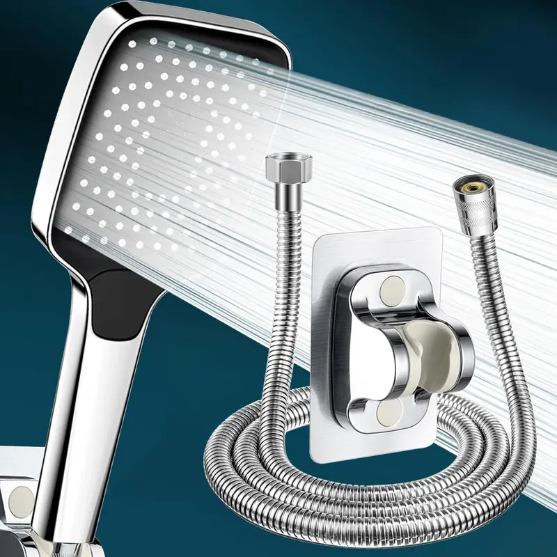 High Pressure Handheld Shower Head, 3pcs/set Including 1.5m Shower Hose & Adhesive Bracket, Large Water Outlet Shower Head with 3 Bathing Modes, Shower Head Set for Bathroom Hotel Salon 0