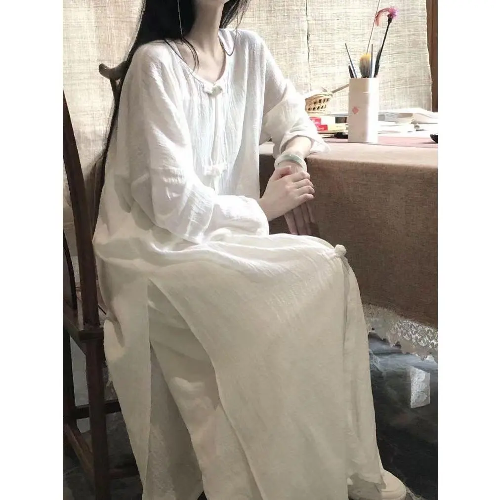 Đồ Ngủ Phong Cách Trung Quốc Thời Trang Cổ Trang Dành Cho Nữ, Bộ Sưu Tập Mùa Xuân Và Mùa Thu, Hàng Mới Về, Phong Cách Zen, Váy Ngủ Màu Trơn Đơn Giản, Quần Dài, Bộ Đồ Mặc Nhà