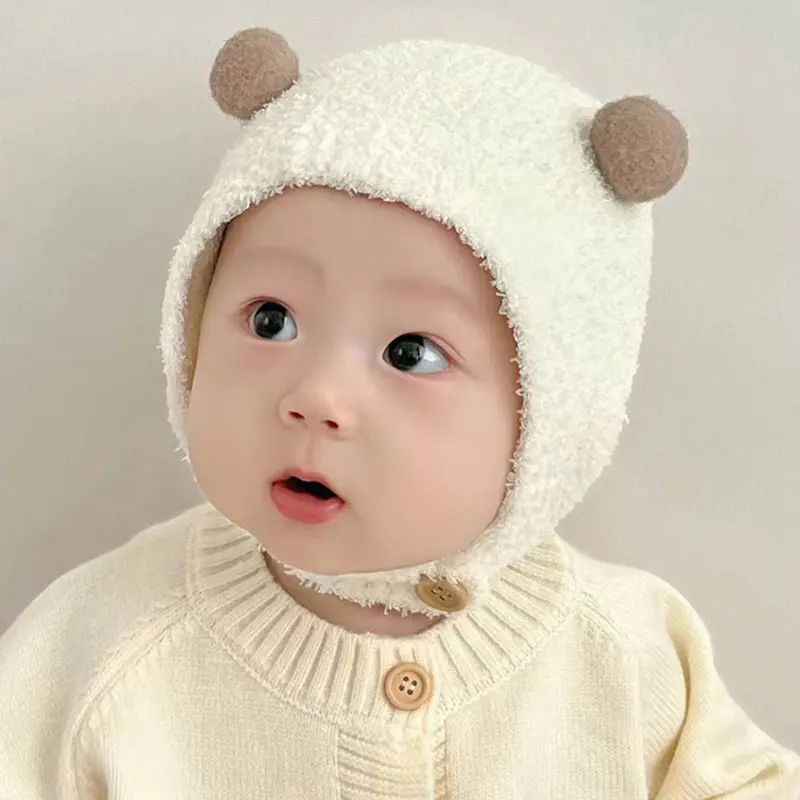Mũ Len Dệt Kim, Ấm Áp Mùa Đông, Thiết Kế Dễ Thương, Có Bảo Vệ Tai, Có Nút, Thích Hợp Cho Mùa Thu Và Mùa Đông, Mũ Ấm Lông Cừu Nhồi Bông Cho Trẻ Em, Trẻ Em Và Trẻ Sơ Sinh 6
