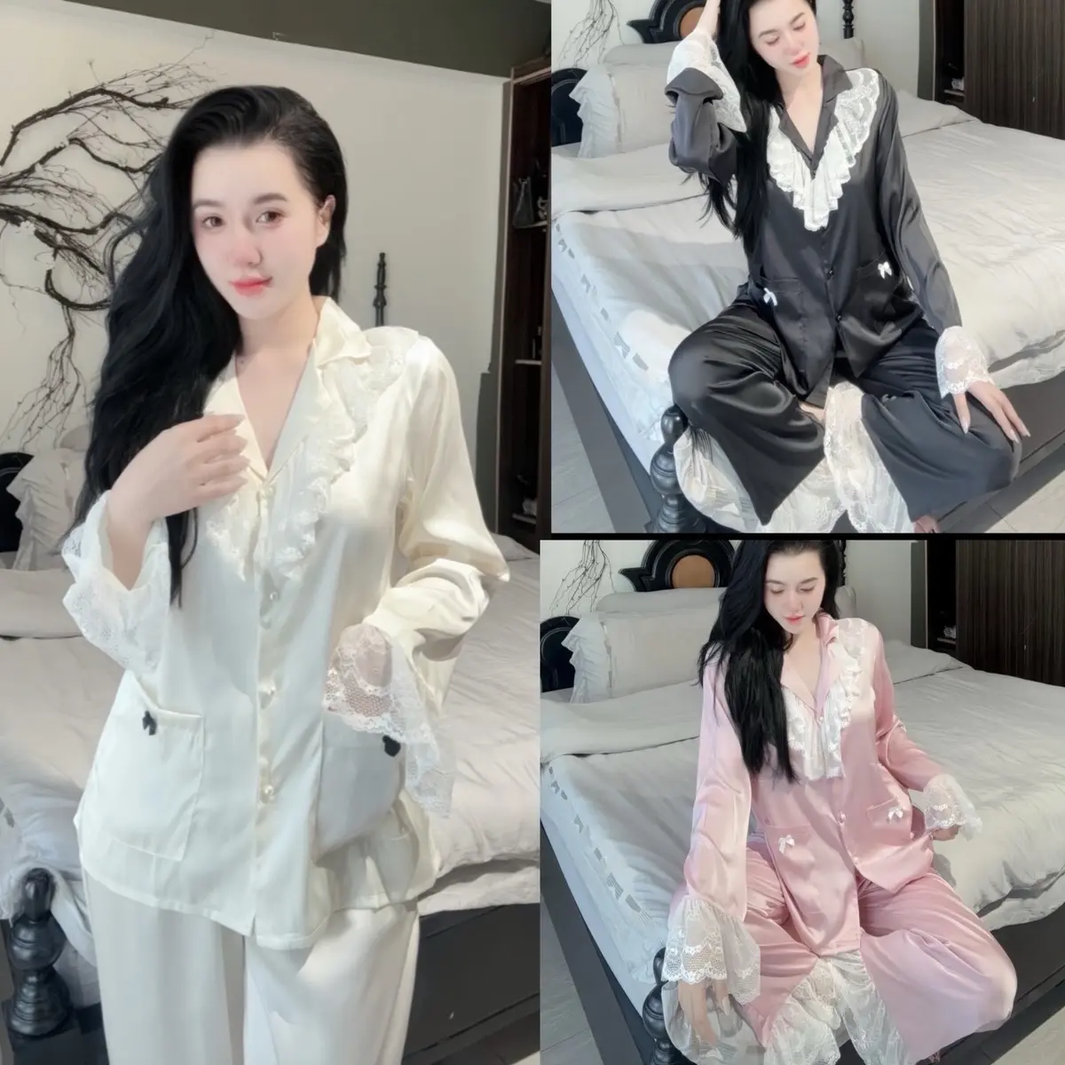 Bộ Pizama Tiểu Thư Vải Lụa Mịn Màu Trơn Dài Tay Phối Cổ Bèo Ren nhún, cúc ngọc, gấu tay gấu quần phối ren, có 3 màu lựa chọn (đen-kem-hồng), quần có túi, free size 40-63kg