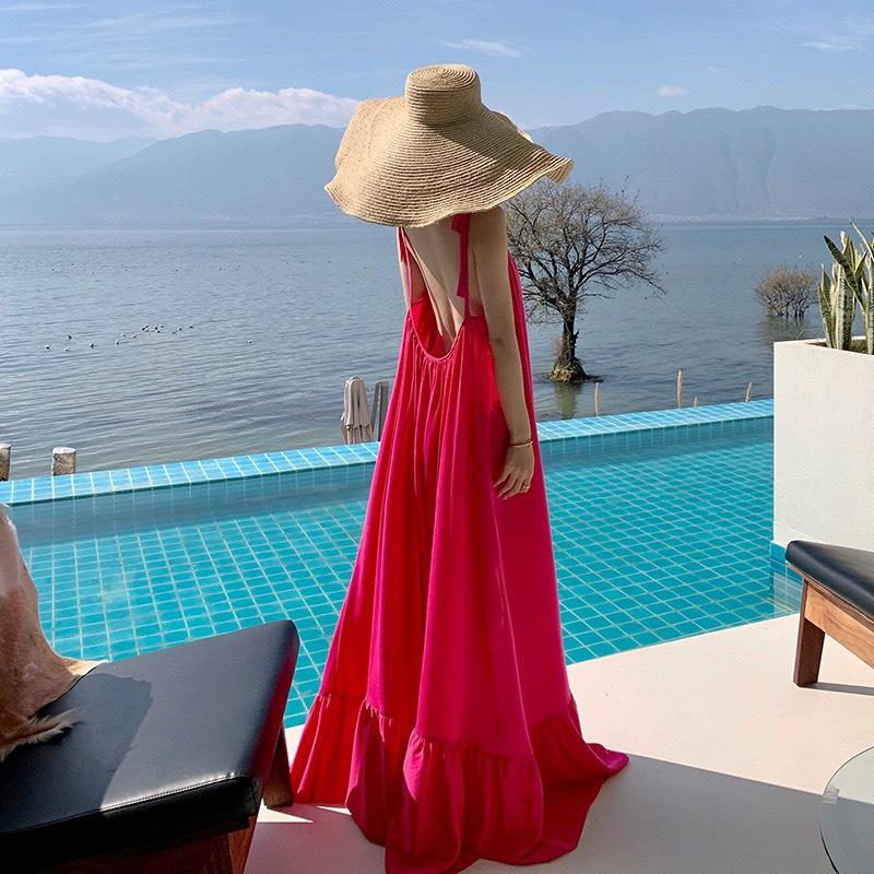 Đầm maxi hồng hở lưng form rộng sang chảnh