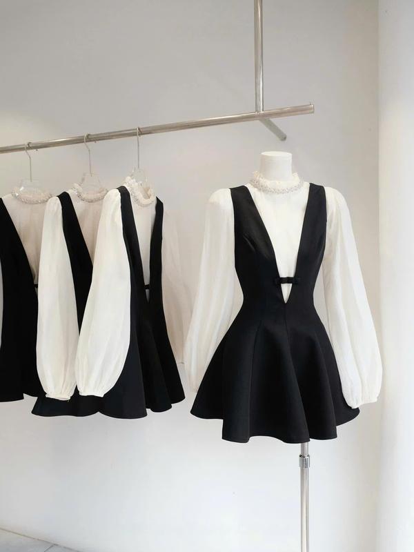 Set 2 món Áo voan tay bồng viền ngọc mix yếm đen cổ V nhẹ nhàng sang trọng _ LAGY DRESS 