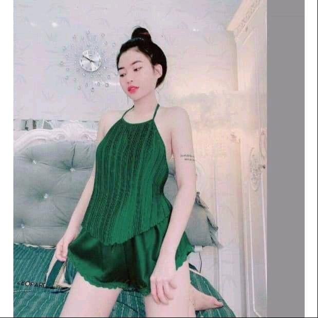 Bộ Ngủ Áo Yếm Dập Ly Quần Ngủ Phối Ren Có Dây Buộc Chất Phi Lụa Mềm Phối Ren From 55kg Nữ Women