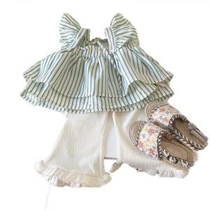 ชุดเด็กผู้หญิง สไตล์เกาหลี ฤดูร้อน ใหม่ 24 เสื้อเชิ้ตลายทาง กางเกงขาบาน ชุดสูทสองชิ้น สำหรับเด็กผู้หญิง