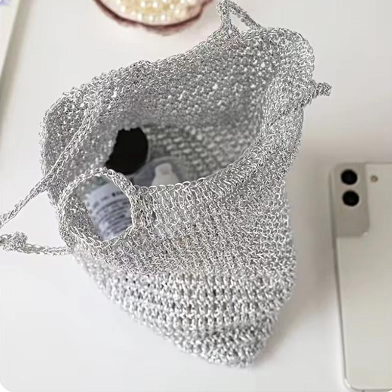 Product Introduction of New Silver Handmade Yarn Popular Same Style Woven Small Silver Bag Woven Flash Core Wire Crochet Needle 200g 1 Ball Yarn 24