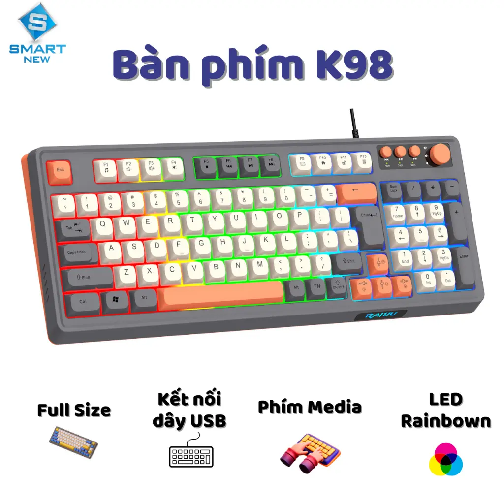 Bàn phím giả cơ Gaming RaiKu K98 full size - Led Rainbow siêu đẹp - Có núm xoay - Phím BPT - Gõ êm | BigBuy360 - bigbuy360.vn Bàn phím giả cơ Gaming RaiKu K98 full size - Led Rainbow siêu đẹp - Có núm xoay - Phím BPT - Gõ êm | BigBuy360 - bigbuy360.vn