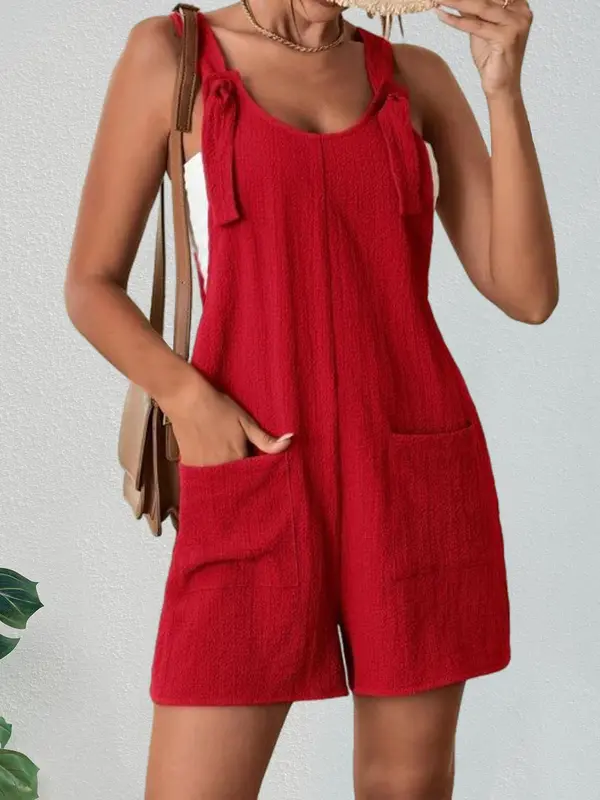 Women's Textured Adjustable Straps Pockets Overalls, Casual Solid Sleeveless Romper for Summer Outdoor Vacation Holiday, One Piece Outfit Clothes, Dungarees 3