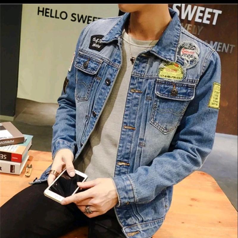 Jaket Jeans Pria Model Tempel Full Bordiran Bahan Denim Leher Kerah Tinggi 1