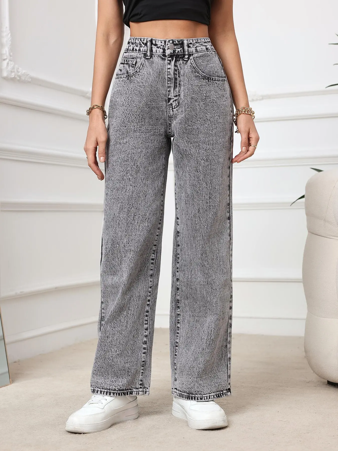 Women's Plain Pocket Button Fly Straight Leg Jeans, Casual Comfy High Waist Denim Trousers for Daily Wear, Jeans for Women, Ladies Bottoms for All Seasons