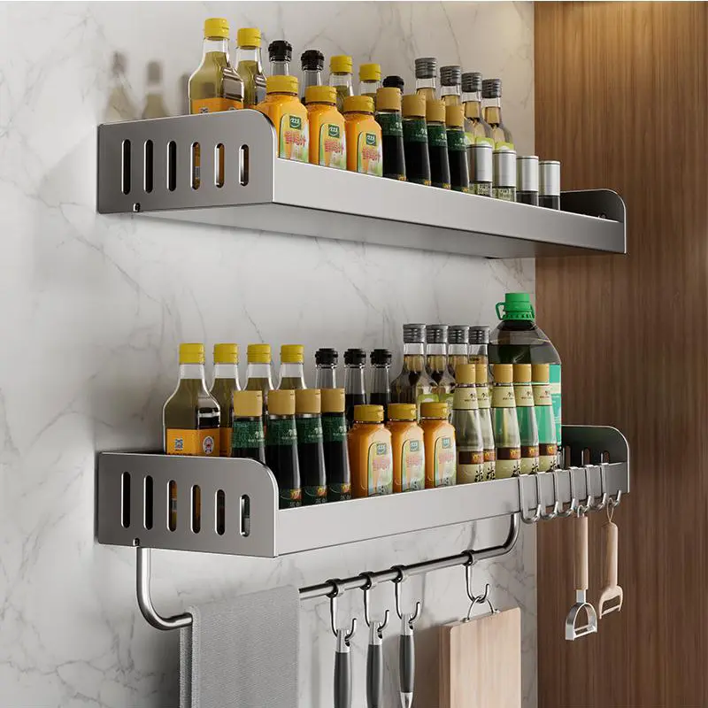 Kệ treo gia vị nhà bếp HOMELOVE Kệ đựng gia vị treo tường kệ đa năng chứa chai lọ thép carbon có thanh treo dụng cụ bếp