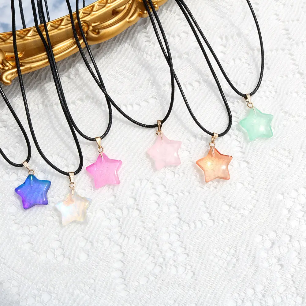 Jelly Warna Pentagram Kaca Liontin Kalung Lucu Manis Bintang Kulit Tali Rantai Klavicle