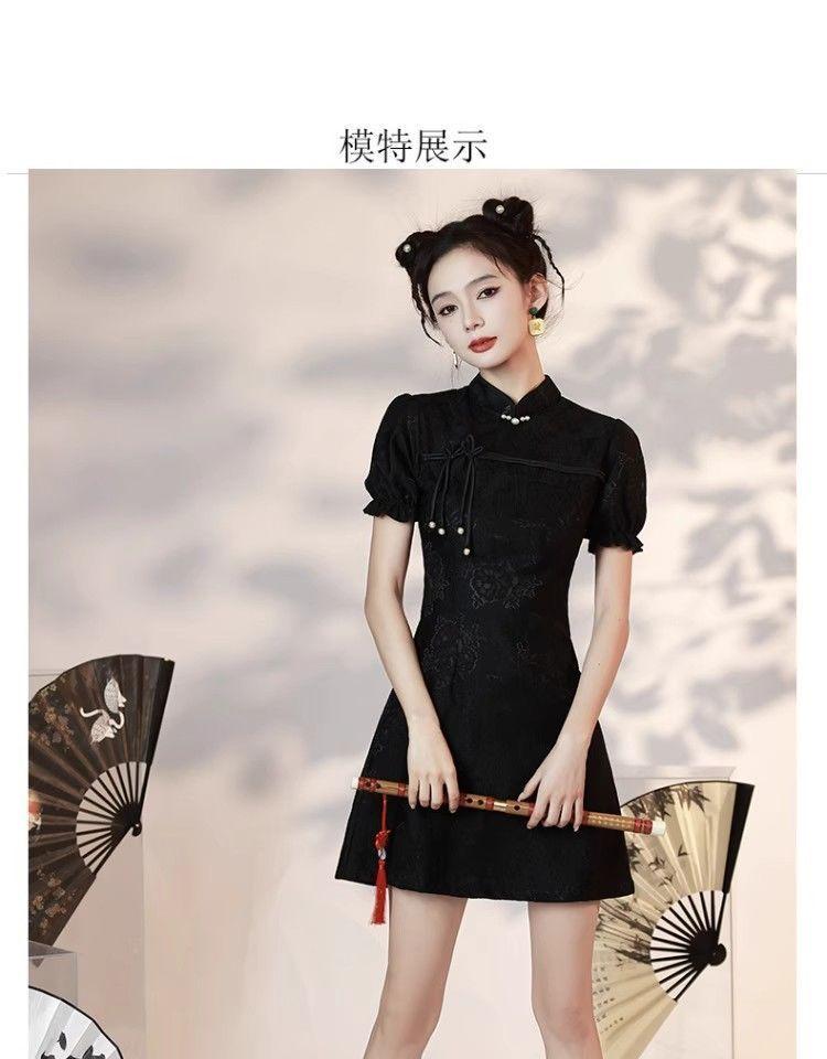Product Introduction of Black Cheongsam New Summer Improvement Young New Chinese Style Small Girl Dress Lace Short Casual Womenswear 5