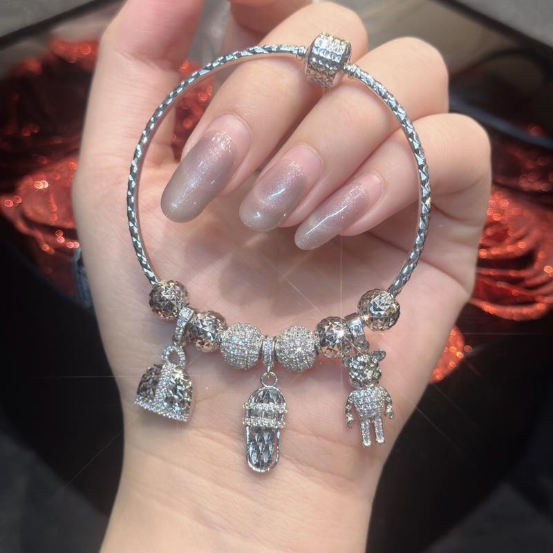 Hoàng Phát Phụ Kiện Vòng Tay Bạc Ý 925 Pan Vòng Khóa Hộp Charm Tòn Ten Túi Xách Dép Gấu Xi Kim VT51