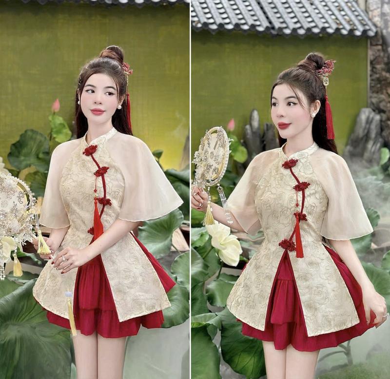  Sét đồ nữ mặc tết áo voan tơ thêu cổ tàu nút mây dễ thương kèm chân váy voan tơ xòe ngắn có lót - women Top 