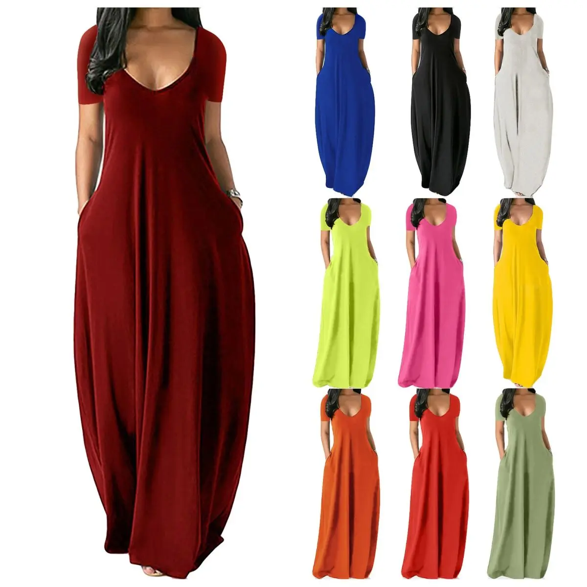 2024 European American Summer New Amazon Hot Sale plus Size Women's Solid Color Sexy Deep V Short Sleeve Maxi Dress with Pockets