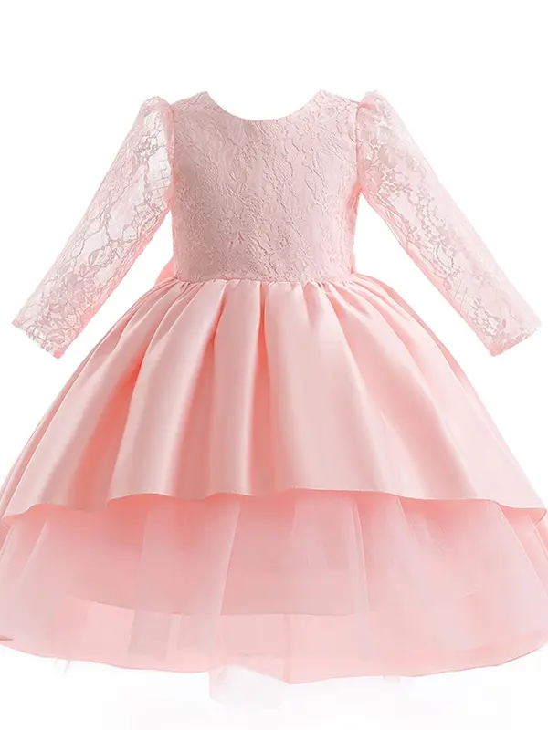 Girl's Contrast Lace Bow Decor Tiered Layer High Low Hem Satin Dress, Elegant Puff Sleeve Round Neck Midi Dress for Party Wedding Guest, Kids Clothes for All Seasons 1