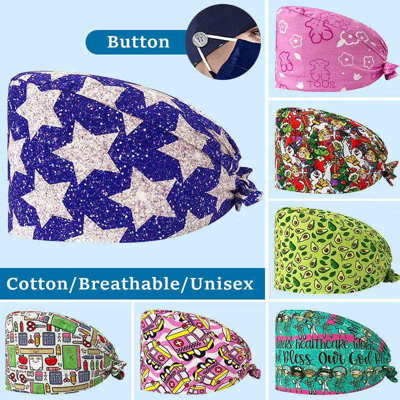 New Fashion Unisex Surgical Scrub Hat Womens Mens Cotton Adjustable Sweat-absorbent Breathable Printed Nursing Hat Clinic Dental Hospital Doctor Nurse Work Cap