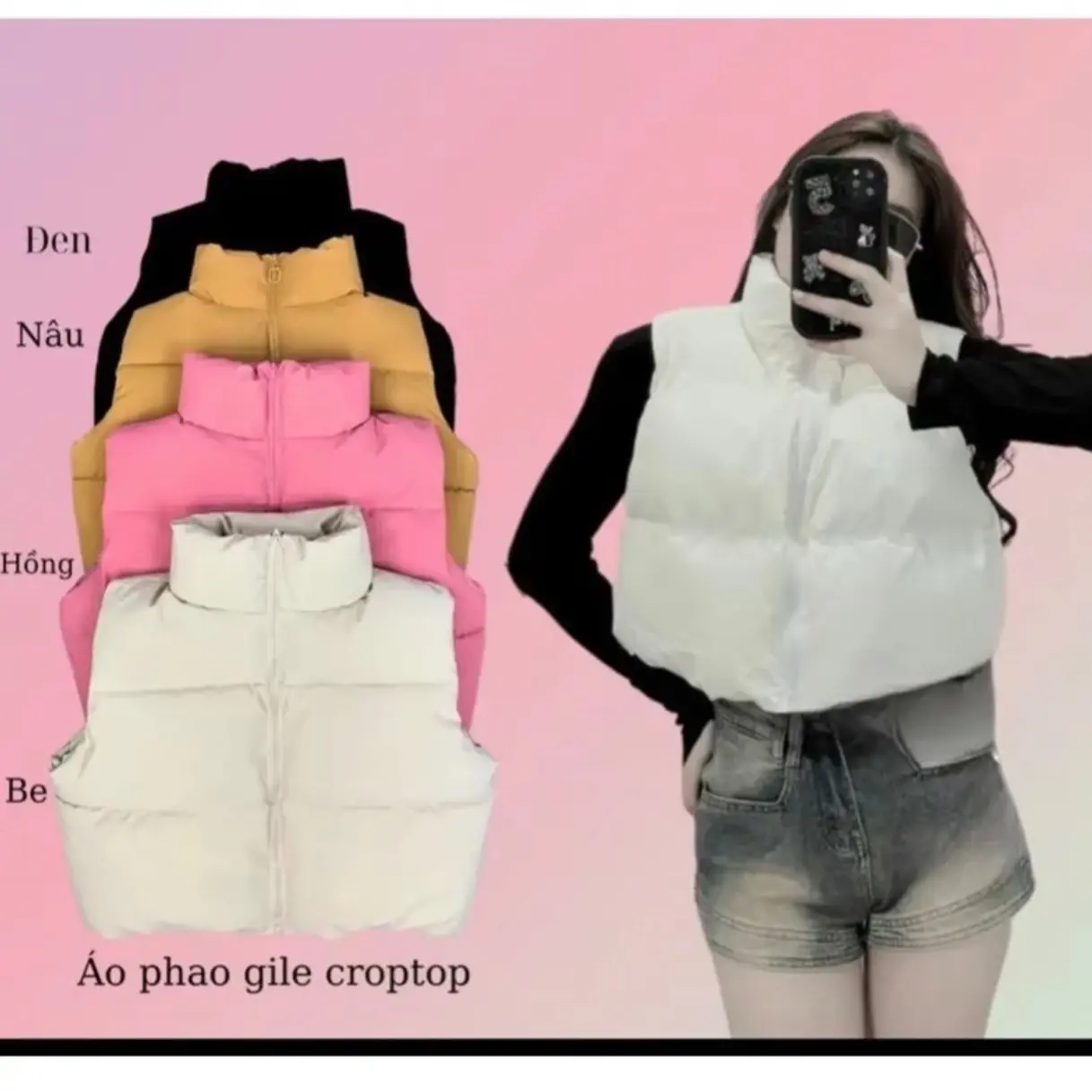 COmbo áo phao gilê croptop Trơn