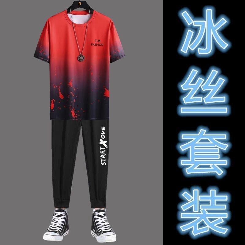 Product Introduction of 2PCS Men Suit Fashion All-Match Sports Running Fitness Top Pants Thin Casual Sports Suit Ice Silk Short Sleeve New Gradient T-shirt Cropped Pants Casual Pants 8