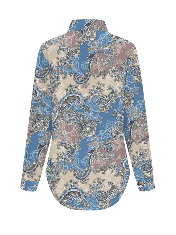 【Plus Size】 Paisley Print Curved Hem Shirt, Casual Long Sleeve Collared Top for Spring, Women's Plus Clothing for Daily Wear 4