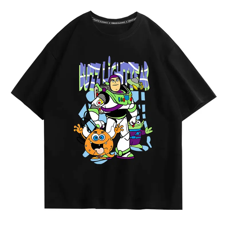 Kartun Buzz Lightyear kaos katun retro lengan pendek pria dan wanita atasan lengan pendek musim panas yang longgar 2