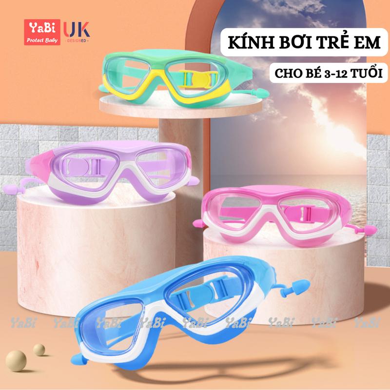Kính bơi trẻ em góc rộng Yabi, Mắt kính bơi view rộng cho bé 3-12 tuổi có nút bịt tai mũ bơi silicon