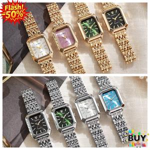 นาฬิกาข้อมือสุดวิจิตร สำหรับผู้หญิง สุภาพสตรี นาฬิกาสายโลหะ ทรงสี่เหลี่ยมและสี่เหลี่ยม นาฬิกาควอทซ์ เปลือกนาฬิกาสีทองและสีเงิน แผ่นเปลือกหอยสีชมพู สีเขียว สีฟ้า และสีดำ