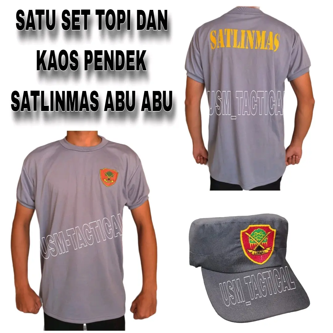 Kaos pendek satlinmas abu terbaru + topi satlinmas abu terbaru - satu set isi 2pcs kaos dan topi linmas/hansip terbaru Baju Bordir