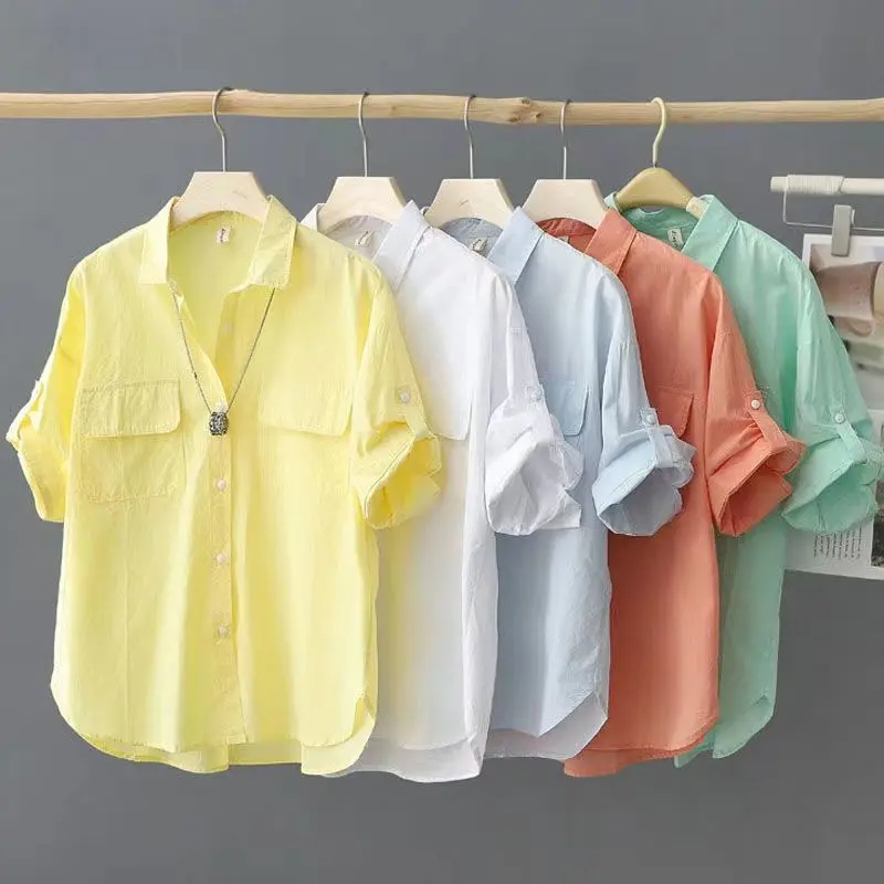 Áo Sơ Mi Cotton ngắn Tay Trơn Cho Nữ, Mặc Mùa Hè, Hàng Mới Về, Dáng Rộng Vừa Vặn, Áo Sơ Mi Mỏng, Có Thiết Kế Cảm Giác Cho Nữ, Được Bán Bởi PositiveReviews, Phong Cách HK