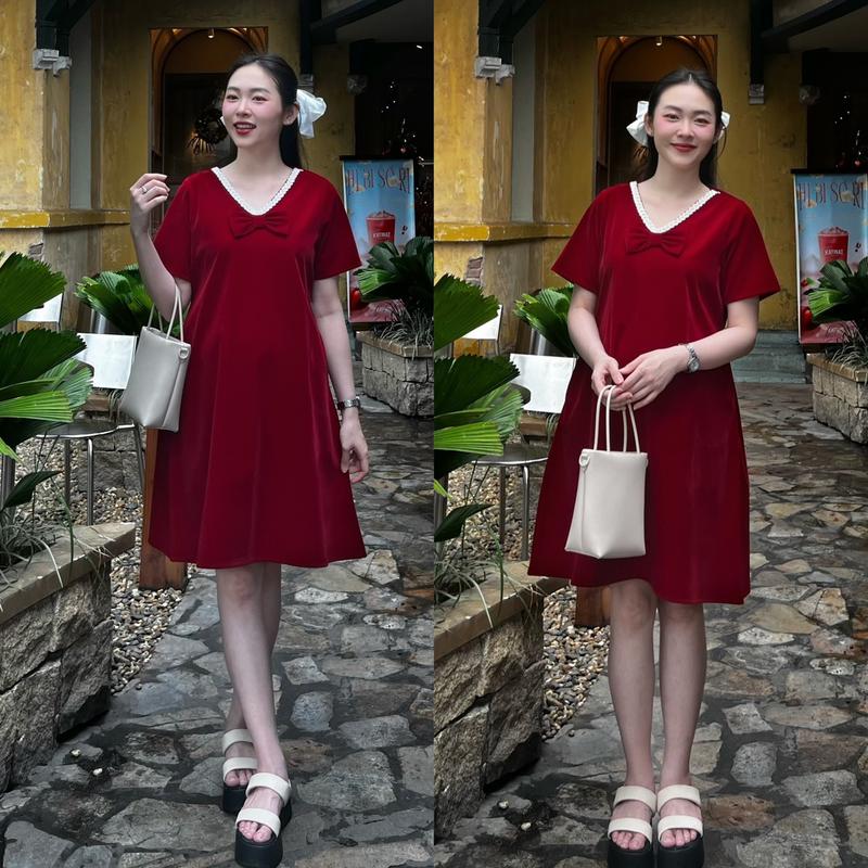 MUMMUM Đầm Bầu Tết FRANCE nhun cổ bèo ren dáng suông gọn dáng sang chảnh trẻ trung Nhung Đỏ