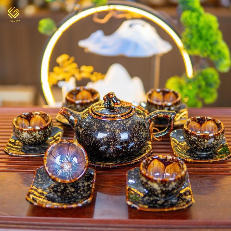 Bộ Ấm Chén Quả Hồng Hoàng Kim Sa Nghệ nhân Nguyễn Văn Hải - Ấm chén Bát Tràng - Gốm Sứ Luxury