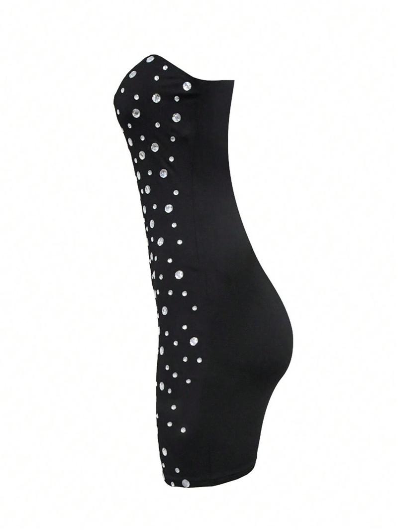 Product Introduction of Women's Rhinestone Decor Tube Party Dress, Fashionable Sleeveless Strapless Short Dress for Party Club Dating Wear, Ladies Summer Clothes 5