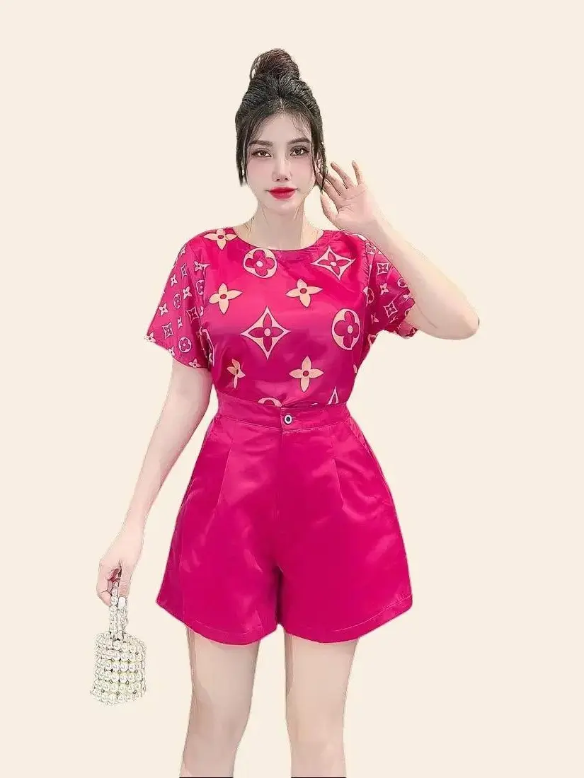 LADYFASHION06 - S06 Set bộ lụa latinh mặc nhà in  3d sang trọng  Xanh - Sen Quần Ngủ
