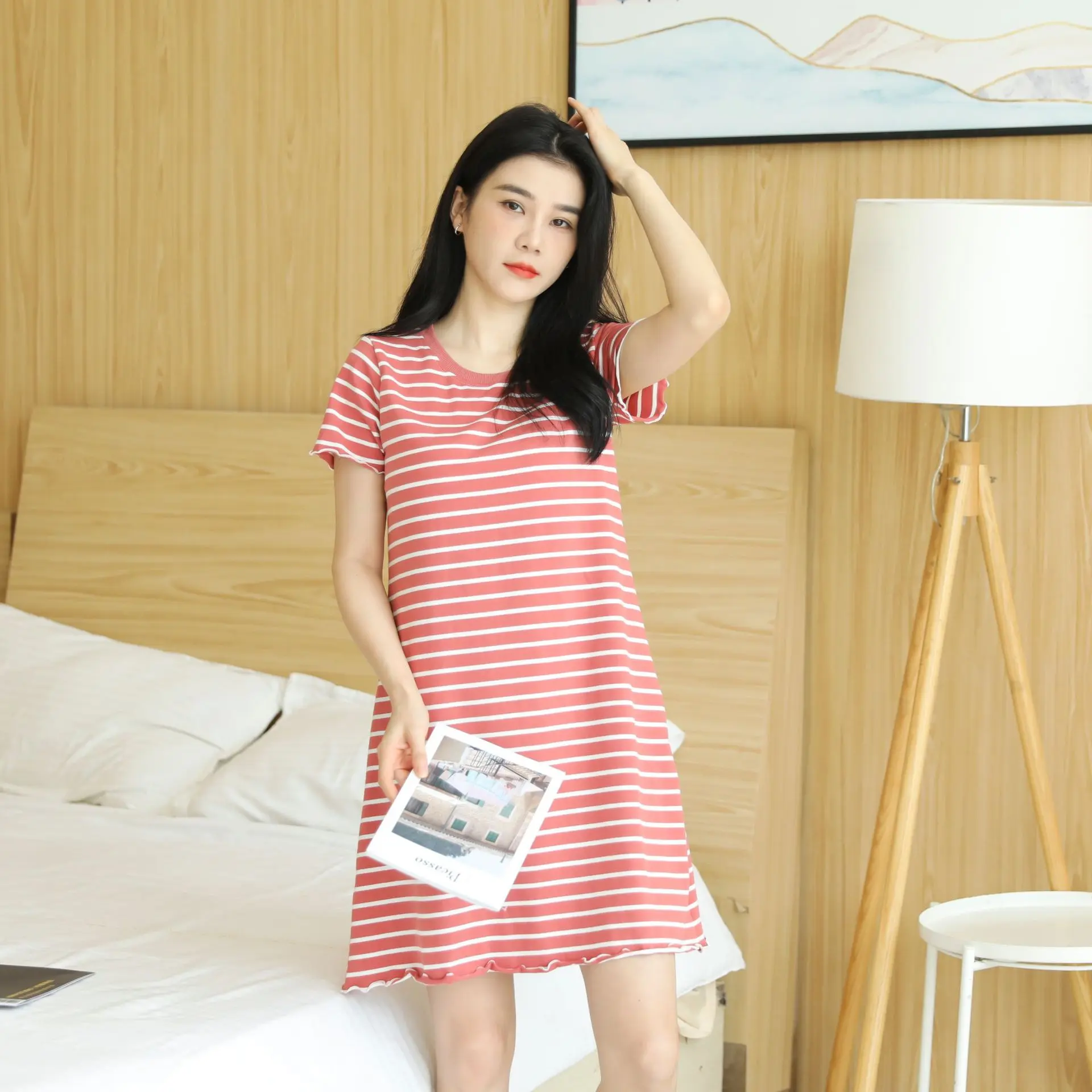 Cotton padded short sleeved nightgown with bra free one-piece loose plus striped dress for women's summer home wear