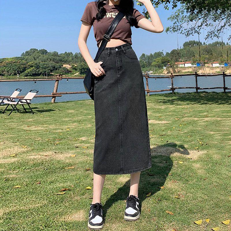 A-Line High Waist Slit Denim Skirt for Women Summer 2025 New Mid-Length Slim Fit Pencil Skirt Black Gray 7