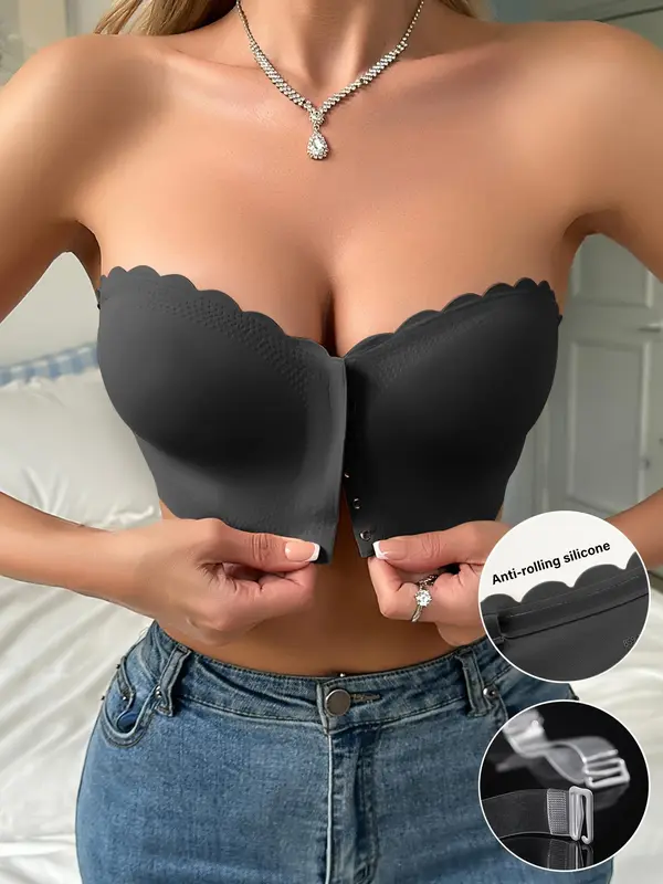 Women's Solid Scallop Trim Hook & Eye Front Wireless Bandeau Bra, Comfortable Breathable Seamless Strapless Bralette Lingerie for Daily Wear, Lingerie Top for All Seasons, Bras for Women Womenswear Basic 0