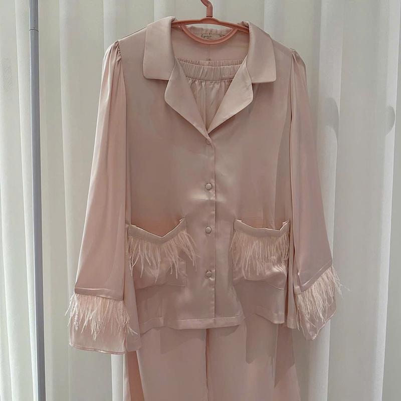 Đồ Bộ Cao Cấp Mặc Nhà Tiểu Thư Lụa Mịn Latin Mềm Mịn  Phối Lông Vũ Pijama Bộ Ngủ Nữ Freesize 40-58kg - HD STORE Áo 2