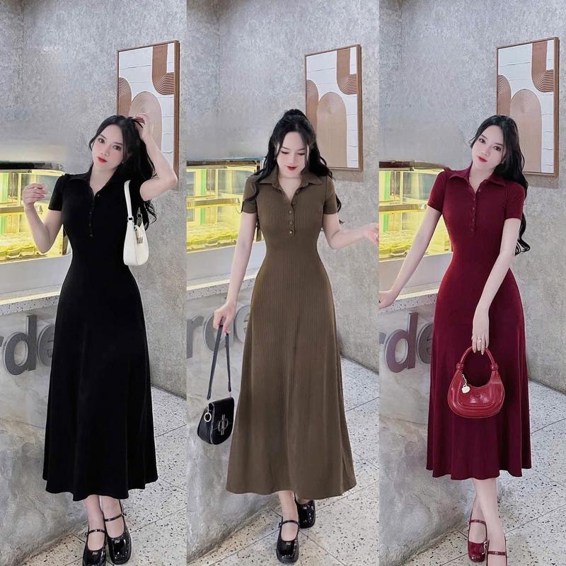 Đầm nữ thun gân dáng dài tay ngắn cổ bẻ cài nút thiết kế đơn giản trẻ trung