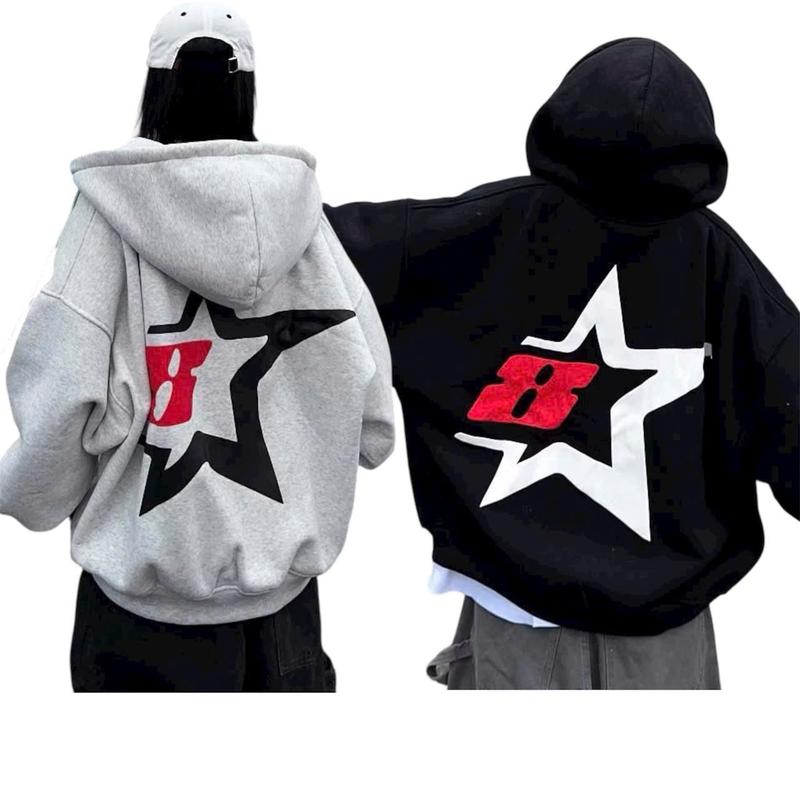 Áo Khoác Hoodie Zip Nam Nữ In Nổi Sao 8 Tay Phồng Rộng ,Bo Gân Có Túi Trong Lửng Form Boxy Jacket Women